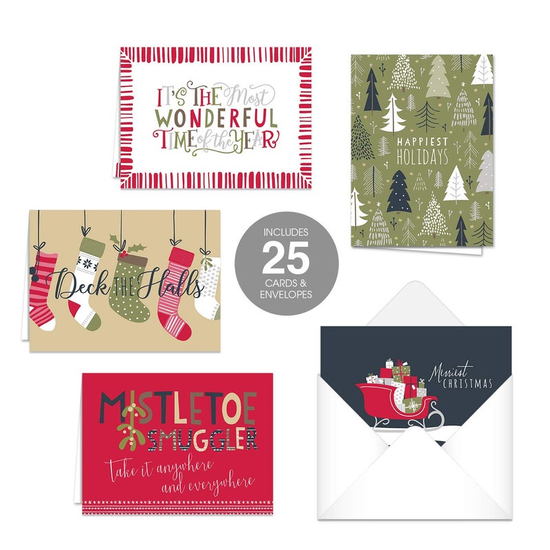 Canopy Street Festive Season Christmas Cards / 25 Holiday Cards With White Envelopes / 5 Winter Seasonal Designs / 4 5/8" x 6 1/4" Holiday Greeting Cards - Image 1